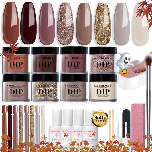 AZUREBEAUTY 30Pcs Dip Powder Nail Kit Starter with Nail Sticks, 8 Colors Fall Winter Nude Brown Glitter, Dipping Powder Liquid Set with Matte/Base/Top Coat Activator for French Manicure Salon