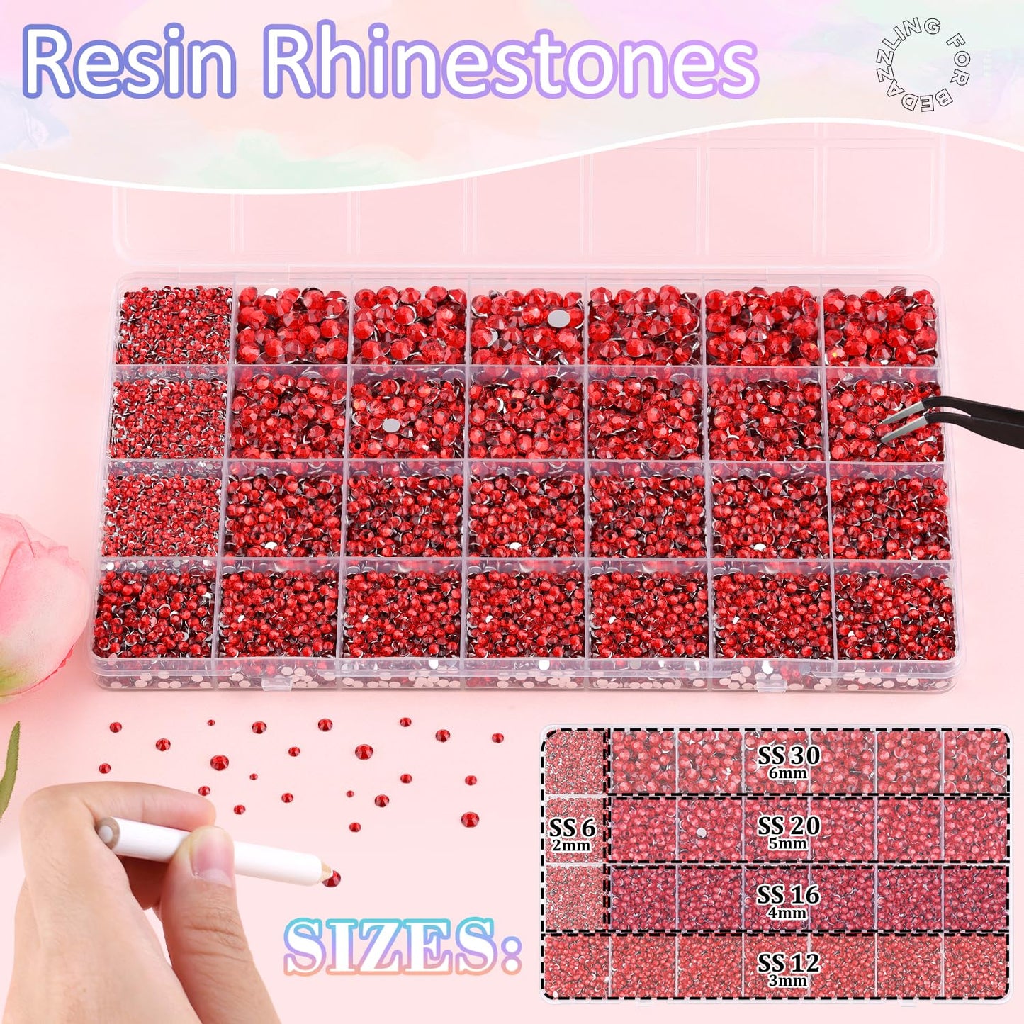 30000Pcs Resin Rhinestones for Bedazzling with 3Pcs B7000 Jewelry Glue, Red Flatback Gems Rhinestones for Crafting, Clothing Tumblers Mugs Shoes Fabric Decor Nail Art