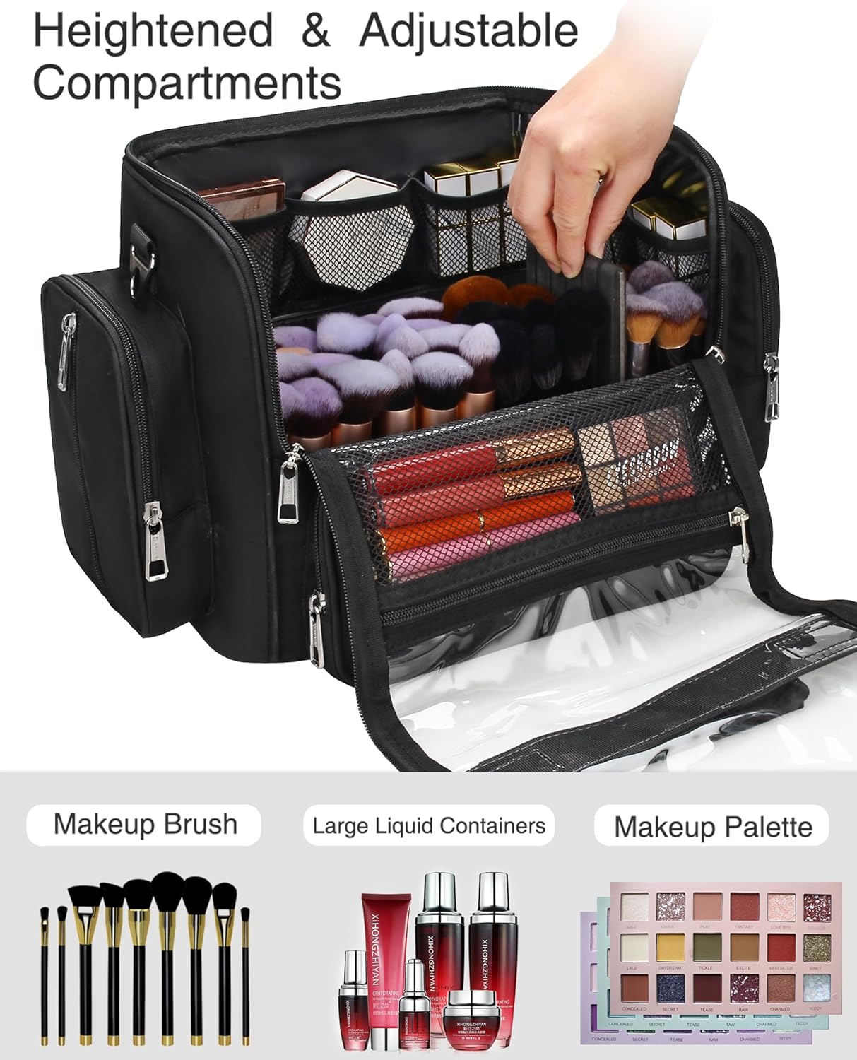 Makeup Brush Bag, Clear Makeup Brush Holder with Lid, Extra Large Capacity Travel Cosmetic Bag Makeup Artist Must Haves, Black Makeup Case, Make Up Organizers and Storage, with Adjustable Dividers
