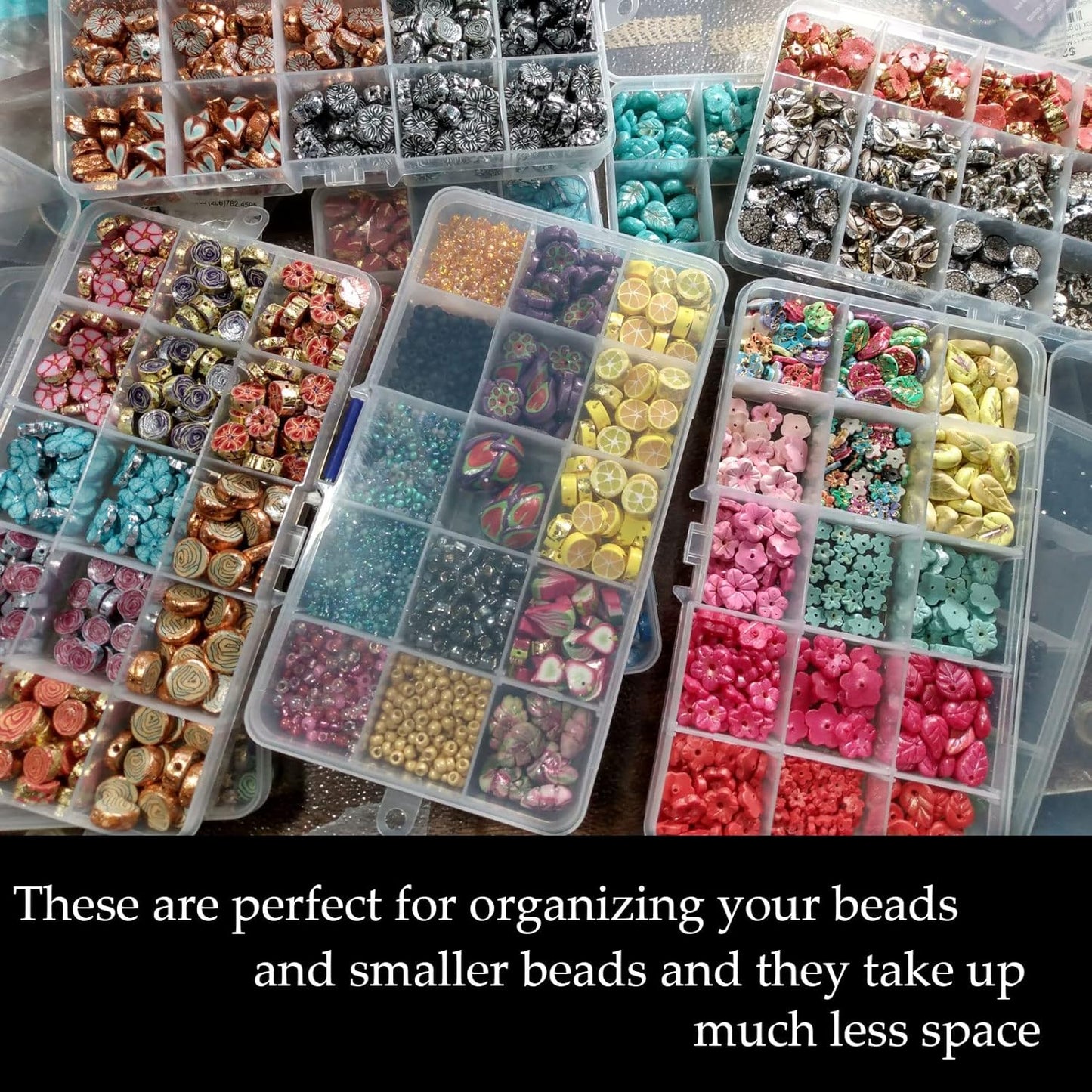 KINJOEK 10 Pack 15 Grids Plastic Bead Organizer Containers Storage, Adjustable Dividers Diamond Jewelry Craft Painting Storage Case, Clear Small Fishing Tackle Box for Sewing Cross Stitch Accessories