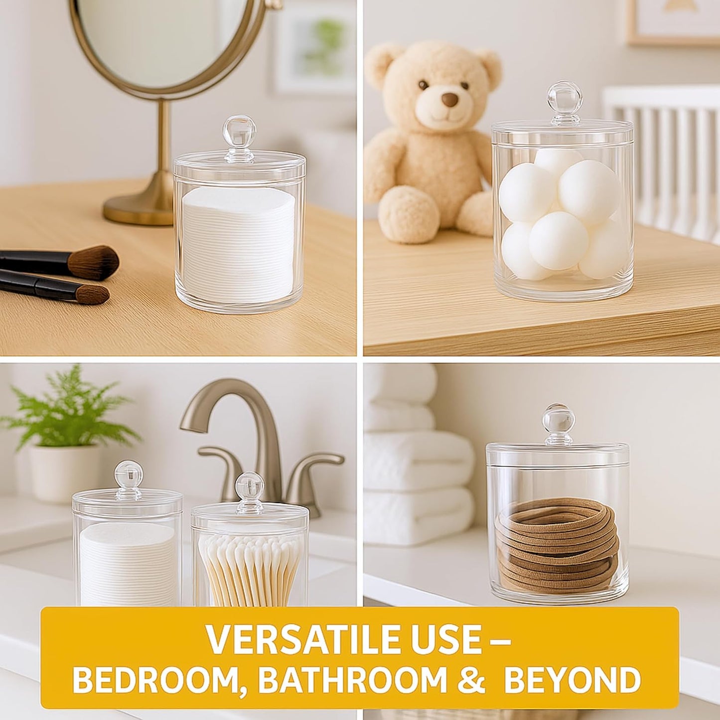 Acrylic Qtip Holder Bathroom Set, Bathroom Containers with Lids, Clear Plastic Apothecary Jars, Q Tip Holder Bathroom Set, Cotton Swab Holder, Cotton Ball Holder (Pack of 4)