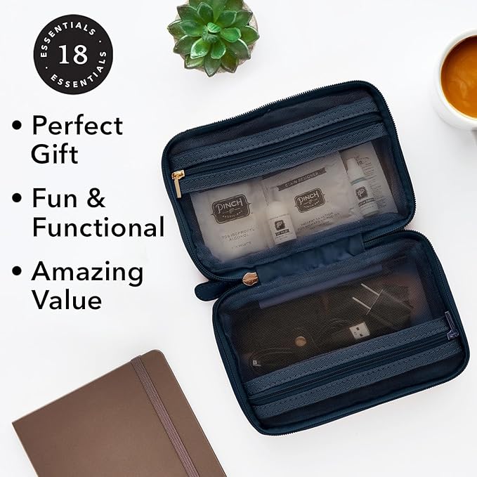 Pinch Provisions Work from Anywhere Kit, Includes 18 Essentials to Help You Stay on Task, Must-Have Essentials, Compact Multi-Functional Vegan Leather Pouch, Navy