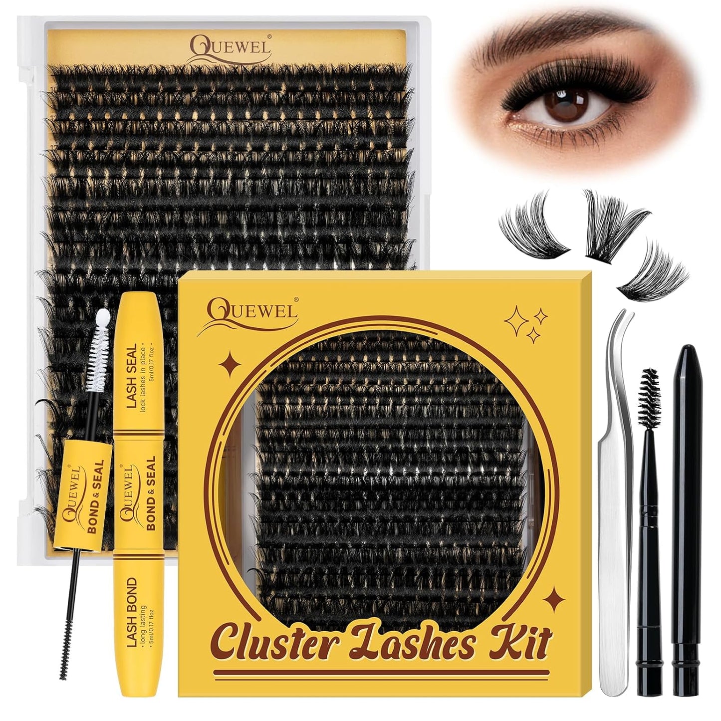 QUEWEL DIY Lash Extension Kit, 300pcs Cluster Lashes Mixed 10-20mm Lash Clusters Kit with Lash Bond and Seal Waterproof, Lash Applicator and Brush, DIY Lash Extensions at Home(100D RR-KIT)