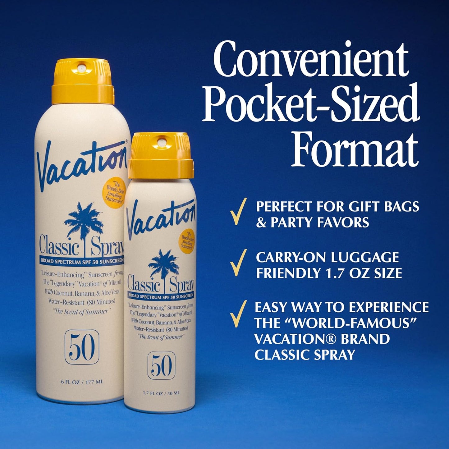 Vacation Mini Classic Sunscreen Spray SPF 50, Water-Resistant, Mini Sunscreen Bulk Party Favor, Sunblock Travel Size, TSA Suntan Lotion for Carry On, 1.7 Fl. Oz. (Value Pack of 6)