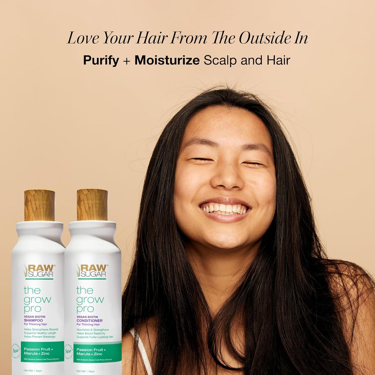 Raw Sugar Grow Pro Hair Care Bundle- Shampoo & Conditioner with Vegan Biotin for Anti-Thinning & Pro-Lengthening, Passion Fruit & Marula for Fuller Hair, Formulated without Sulfates + Parabens