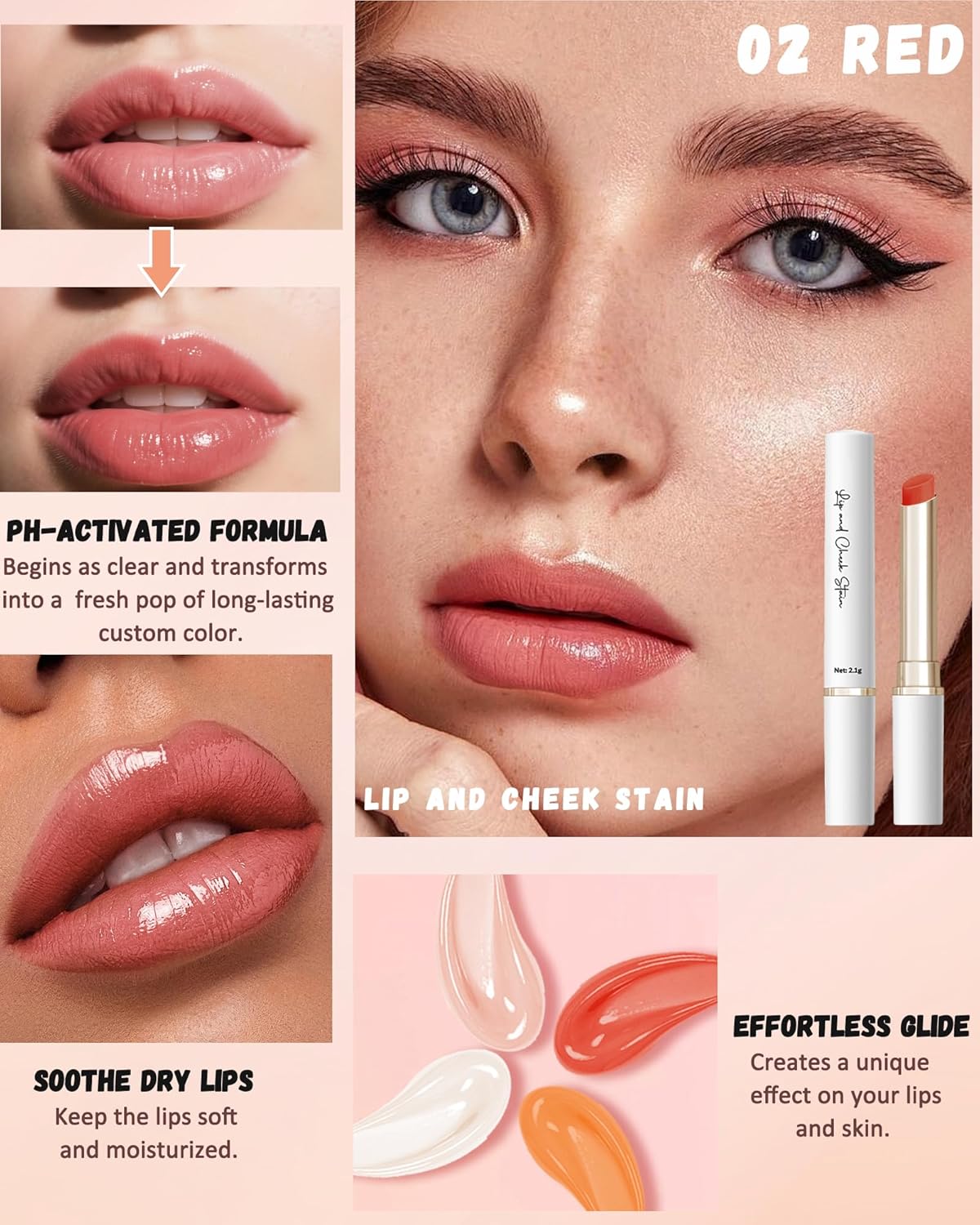 PH Color Changing Lipstick, Waterproof Temperature Color Change Lip Balm, Multi-Use Lip and Cheek Tinted Lip Gloss, Long-Lasting Hydrating Moisturizing Lip Tint, Festival Makeup Gift for Women-02 Red