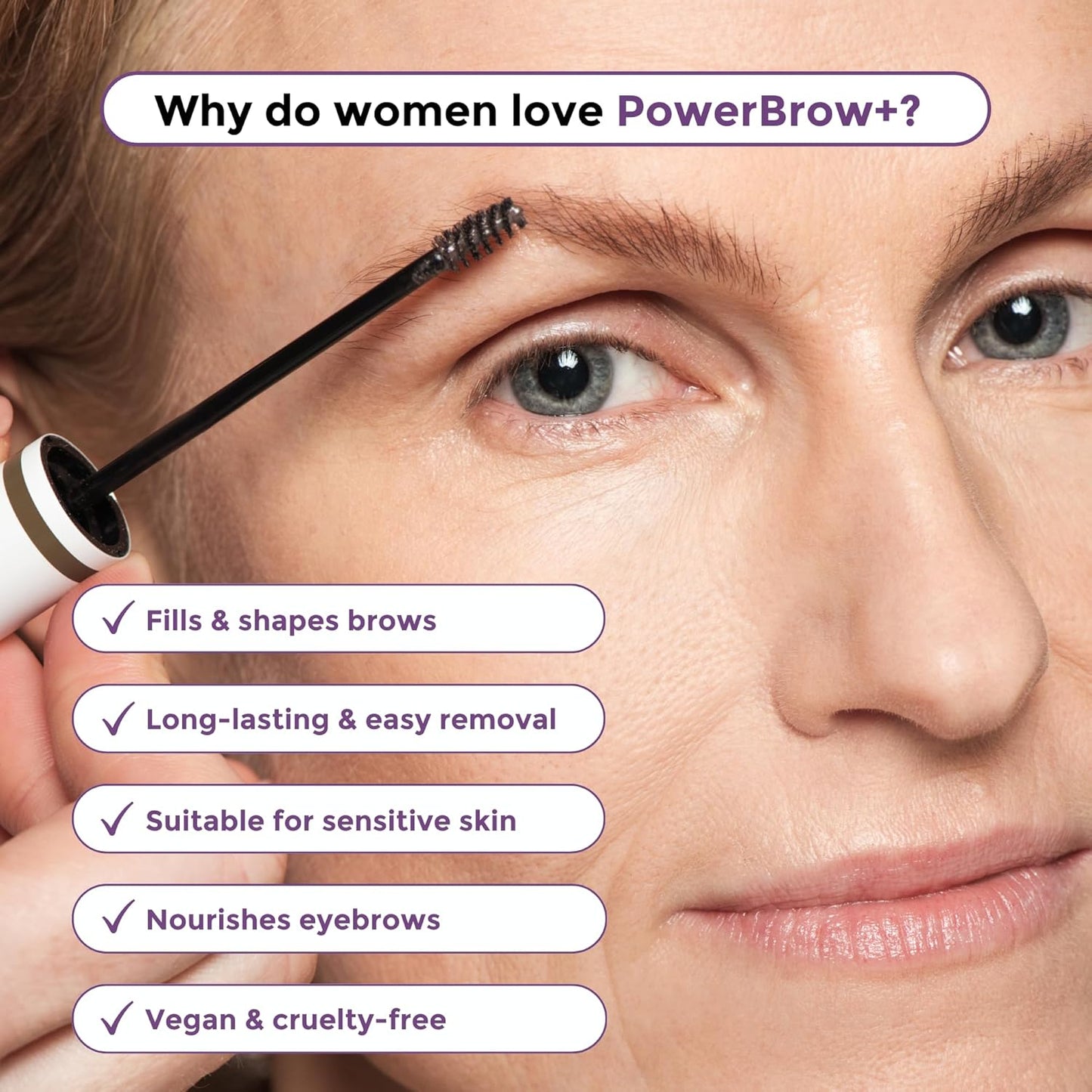 PowerBrow+ Tinted Eyebrow Gel For Older Women - Defines, Fills, Thickens Brows - 2-in-1 Formula - Natural Color, Quick Fixing, Long-Lasting - Hypoallergenic Light Brown (Latte)