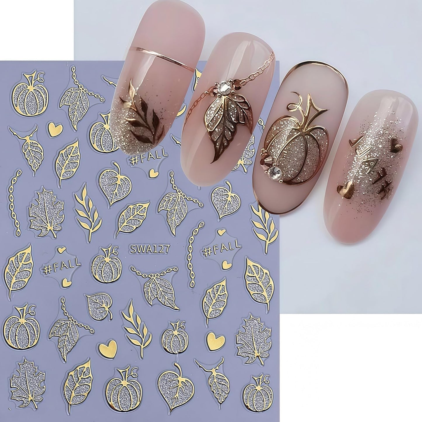 Fall Nail Art Stickers 2 Sheets Gold Pumpkin Nail Decals 3D Self-Adhesive Thanksgiving Day Nails Art Decorations with Glitter Rhinestone Pumpkin Maple Leaf Pattern Nail Decals for Women Holiday DIY