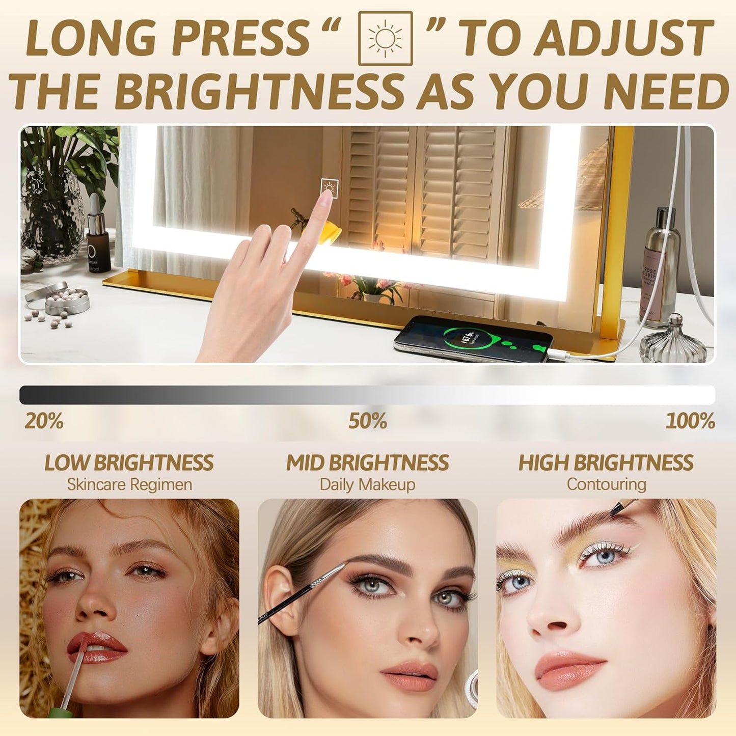 Vanity Mirror with Lights 22"x18", Lighted Makeup Mirror with 10X Magnification, Smart Touch 3 Colors Dimmable, 360° Rotation, Women Gift, Dresser Mount, Bathroom (Gold)