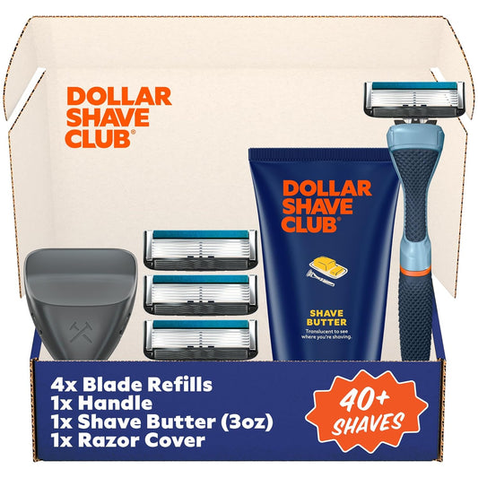 Dollar Shave Club | The Member Exclusive Shave Set | 4 Extra Close Refill Cartridges, 1 Handle (Blue), 1 Shave Butter 3 ounce, 1 Razor Cover, Razors for Men