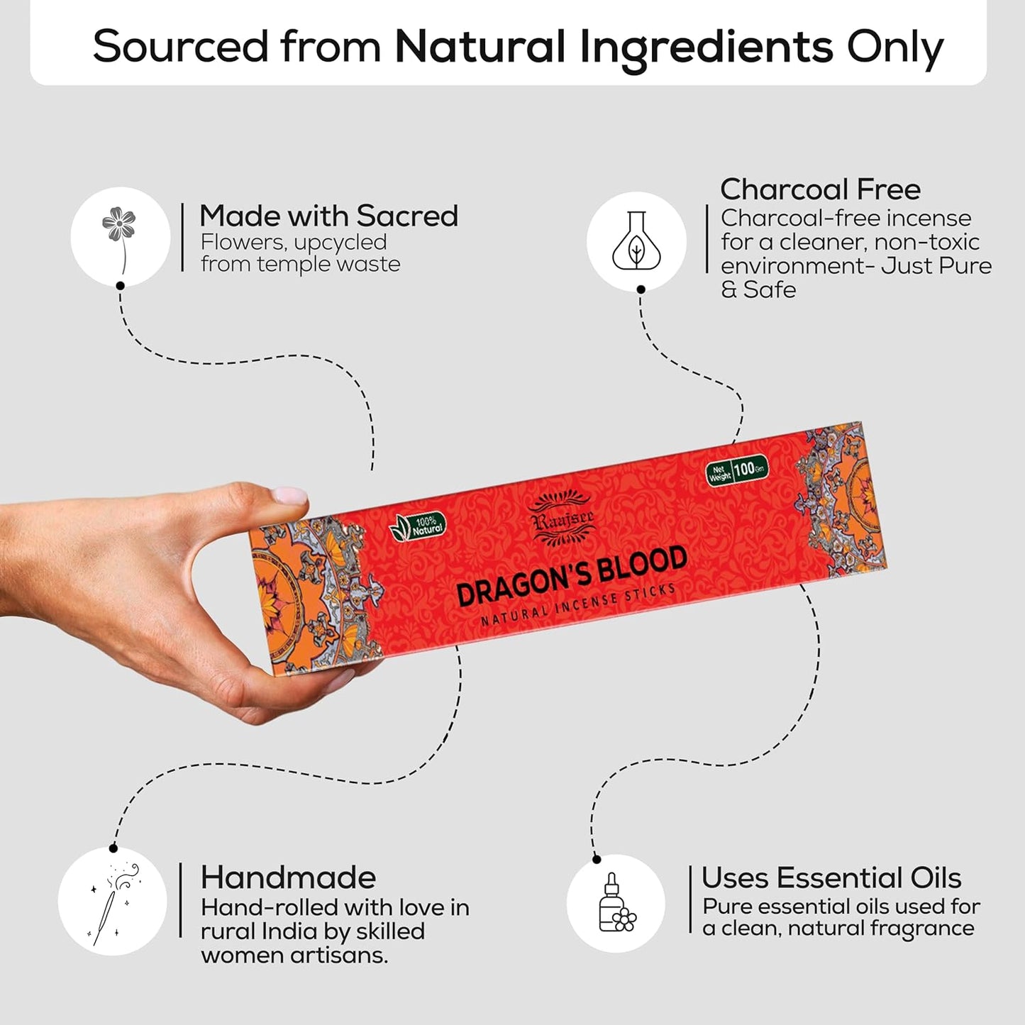 Raajsee Dragons Blood Incense Sticks (180 gm), 100% Pure Organic Natural Hand Rolled Free from Chemicals, (Pack of 12)
