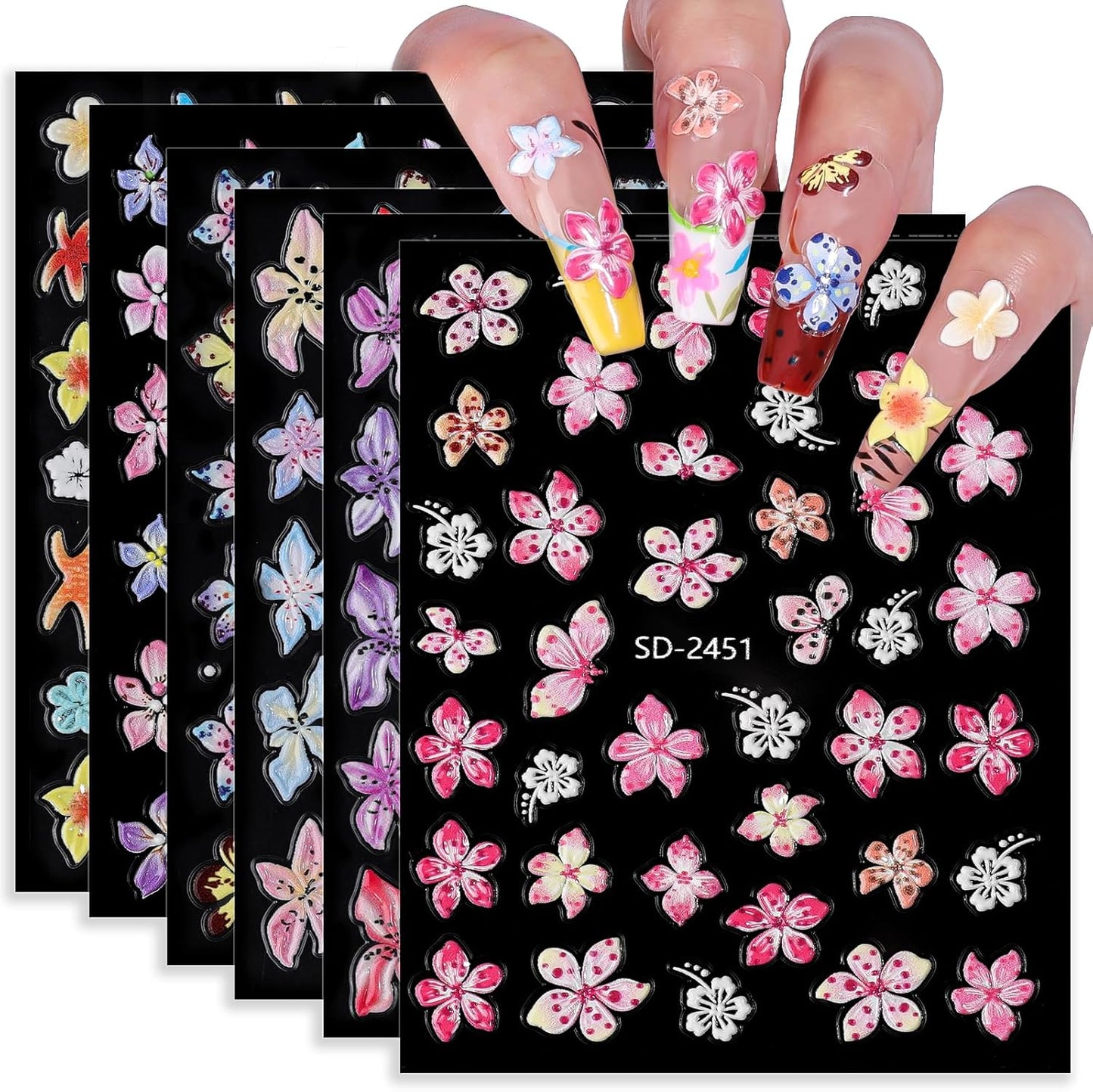 Hawaii Flower Nail Stickers 6 Sheets 5D Embossed Floral Nail Decals Pink Blue Hibiscus Nail Art Stickers for Women DIY Manicure Supplies Decorations