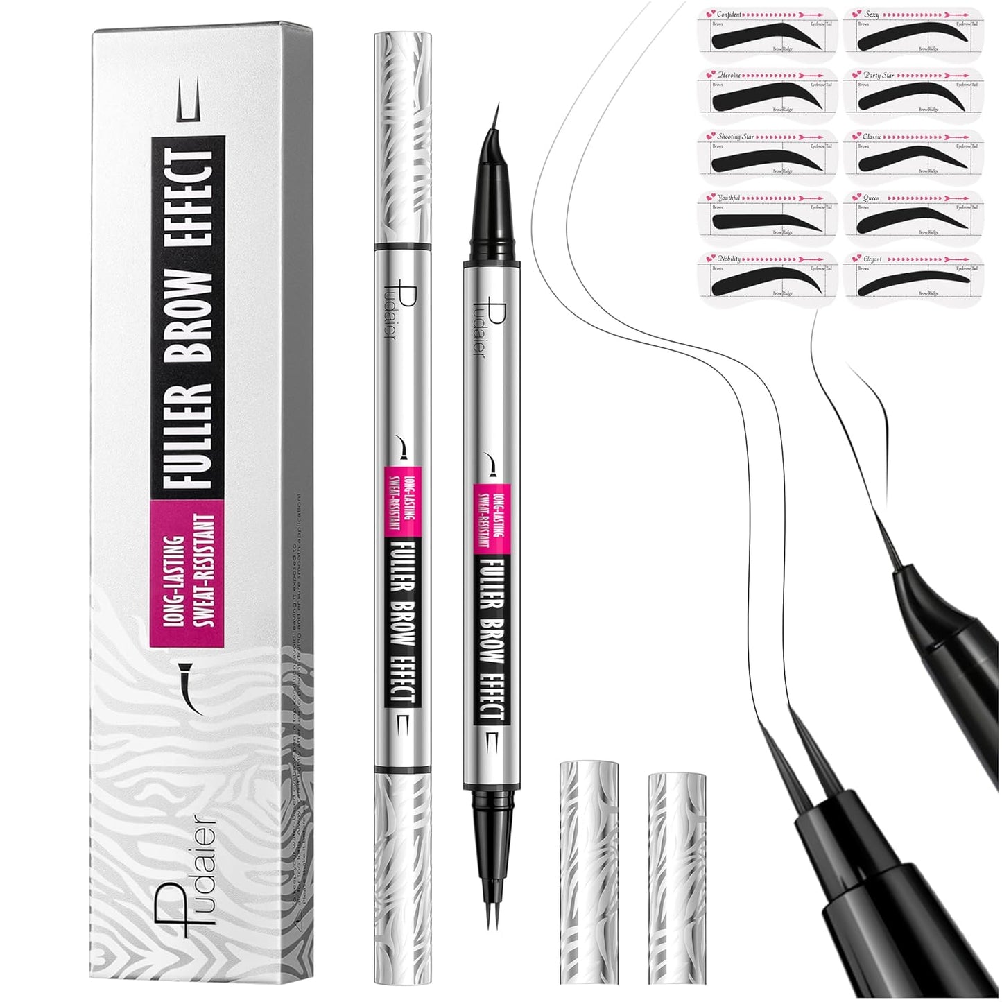 2 Pack 2 Fine Tip Eyebrow Pen, Waterproof Filling Faux Brow Makeup Pencils for Women with Precise Curved Brush-Tip to Fast Create Natural Hair-Like Brows, Last All-Day (Natural Black)