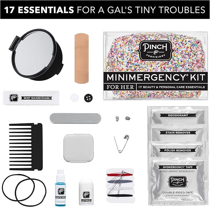 Pinch Provisions Funfetti Minimergency Kit, includes 17 Travel-Sized Cosmetic Essentials, Convenient for Purses, Emergency Beauty Accessories, Gifts for Holiday’s & Birthday’s