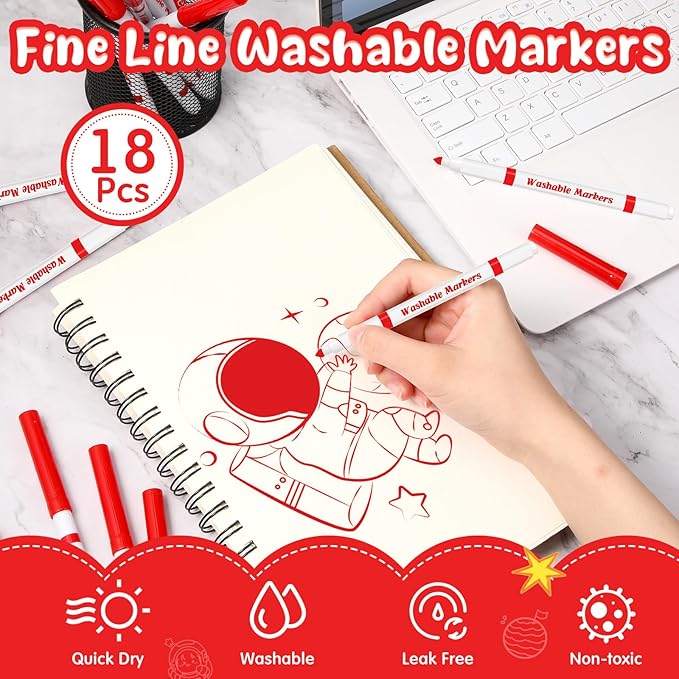 18 Pcs Line Washable Markers Bulk Red Fine Tip Markers Set Coloring Thin Tip Drawing Washable Pen for Kids Art School Classroom Back to School Gender Reveal Party Supplies, Ages 6+