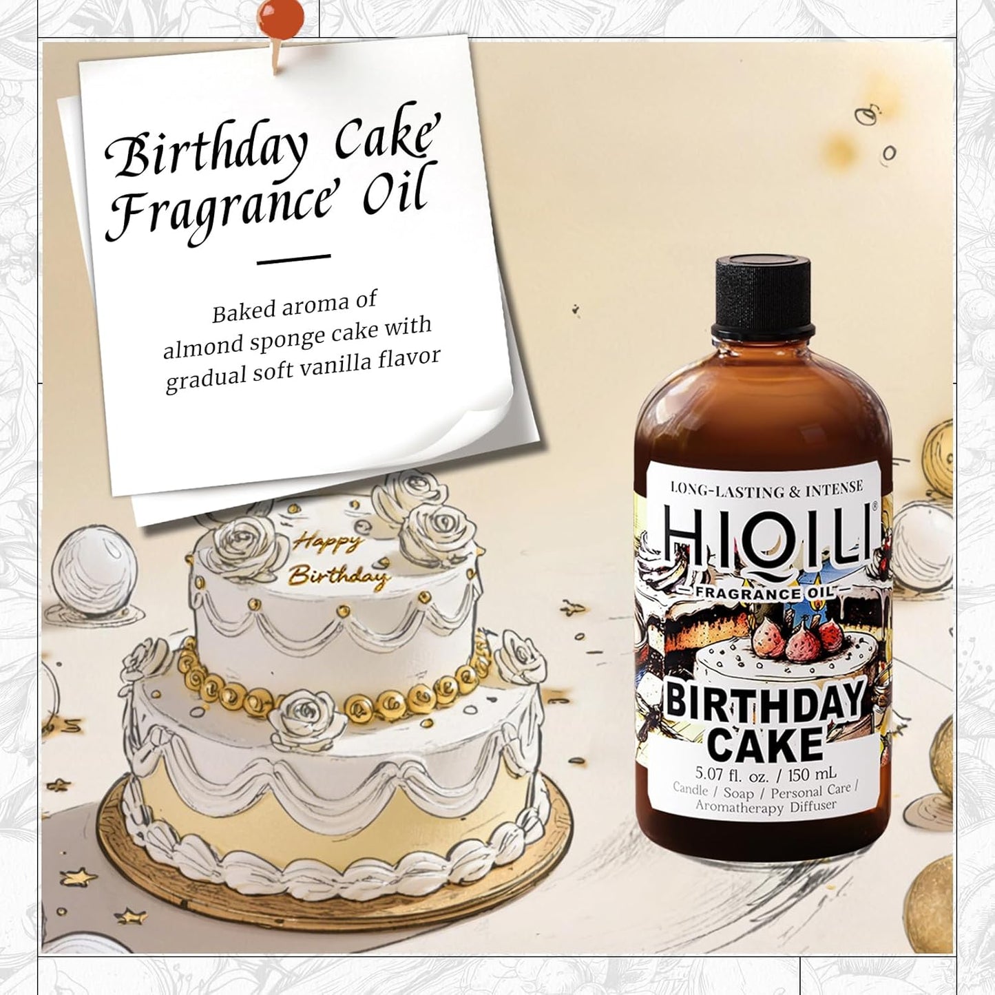 HIQILI Birthday Cake Fragrance Oil for Diffusers, Candle & Soap Making, Add to Aromatic Air Freshener Spray, Premium Grade - 5.07 Fl Oz