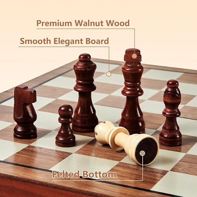 MerryPony 2 in 1 Magnetic Wooden Chess and Checkers Set, 15" Foldable Chess set for Adults & Kids, Chess Board with 2 Extra Queens, Travel Chess Set with Pieces Storage Slots, Ideal Chess for Beginner