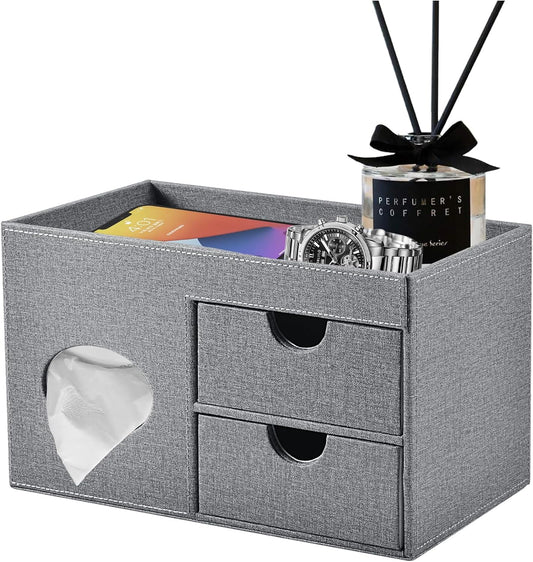 Square Tissue Box Cover with Drawers,Tissue Box Holder with Storage Tray, Makeup Organizer and Desk Organizer,Tissue Holders Decorative for Bathroom Vanity NightStand Dressing Table (Grey)
