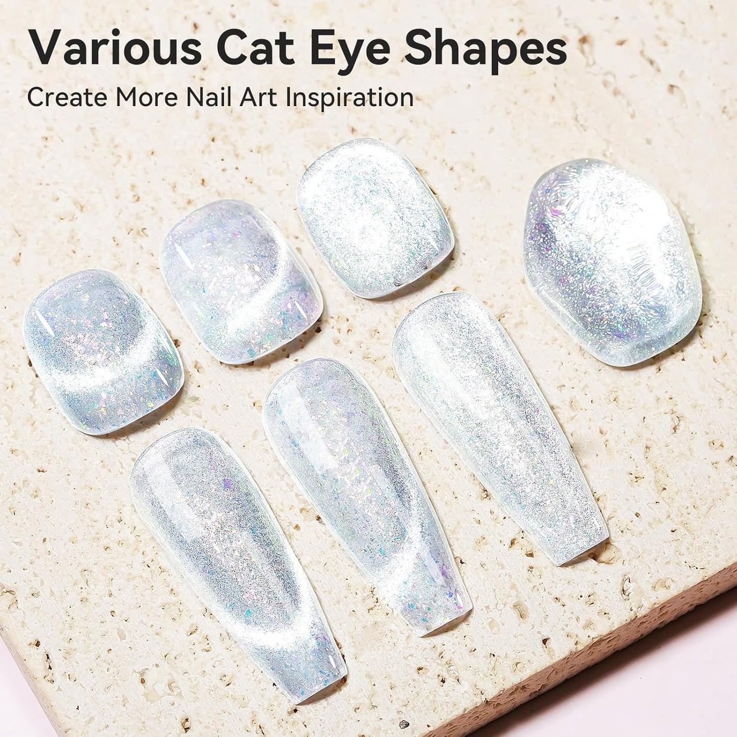 Cat Eye Gel Nail Polish 12ML, 3 In 1 Step Holographic Cateye Gel Polish With Magnet, Silver Glitter Magnetic Crystal Ice Shimmer Soak Off UV/LED Nail Art Design