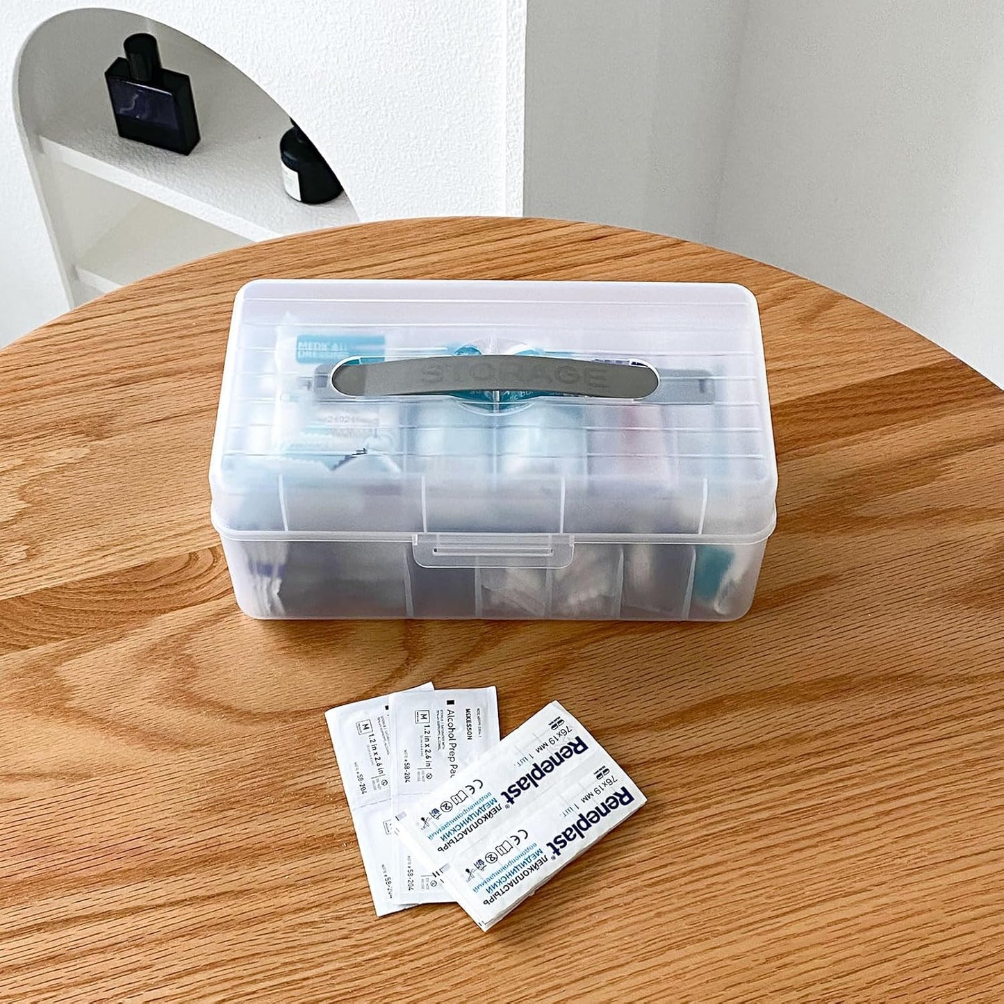 Large Bandage Organizer with Lid, Plastic 2 Tiers Container for Home Medicine Cabinet, Office, School Use, Bandaid Storage Holder for Fabric Adhesive Strip, Medical Elastic Wrap