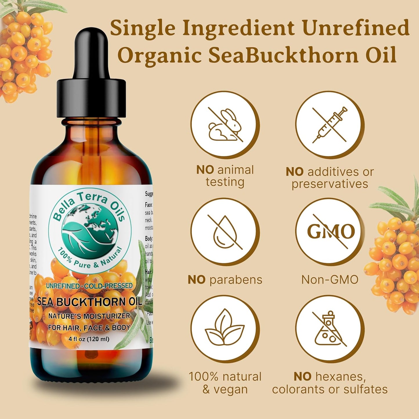 Bella Terra Oils - Sea Buckthorn Oil 8 oz - The Ultimate Elixir from Nature's Bounty, Rich in Flavonoids & Essential Fatty Acids, Gilded Luxe for Your Face