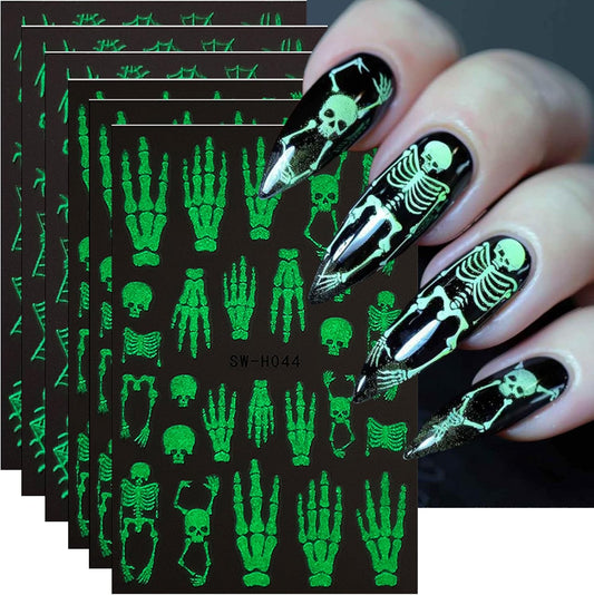 Glow in The Dark Nail Art Stickers Halloween Skull Nail Decals 6PCS Spider Web Skeleton Nails Design 3D Self-Adhesive Nail Art Supplies Halloween Stickers for Nails Luminous for Women DIY Manicure