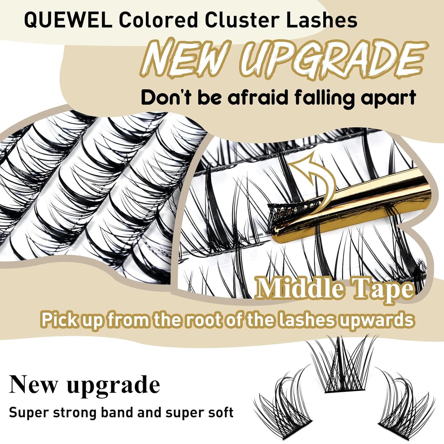 QUEWEL Cluster Lashes 72 Pcs Wide Stem Individual Lashes C/D Curl 8-16mm Length DIY Eyelash Extension False Eyelashes Sparkle Styles Soft for Personal Makeup Use at Home (Sparkle-D-MIX8-16)