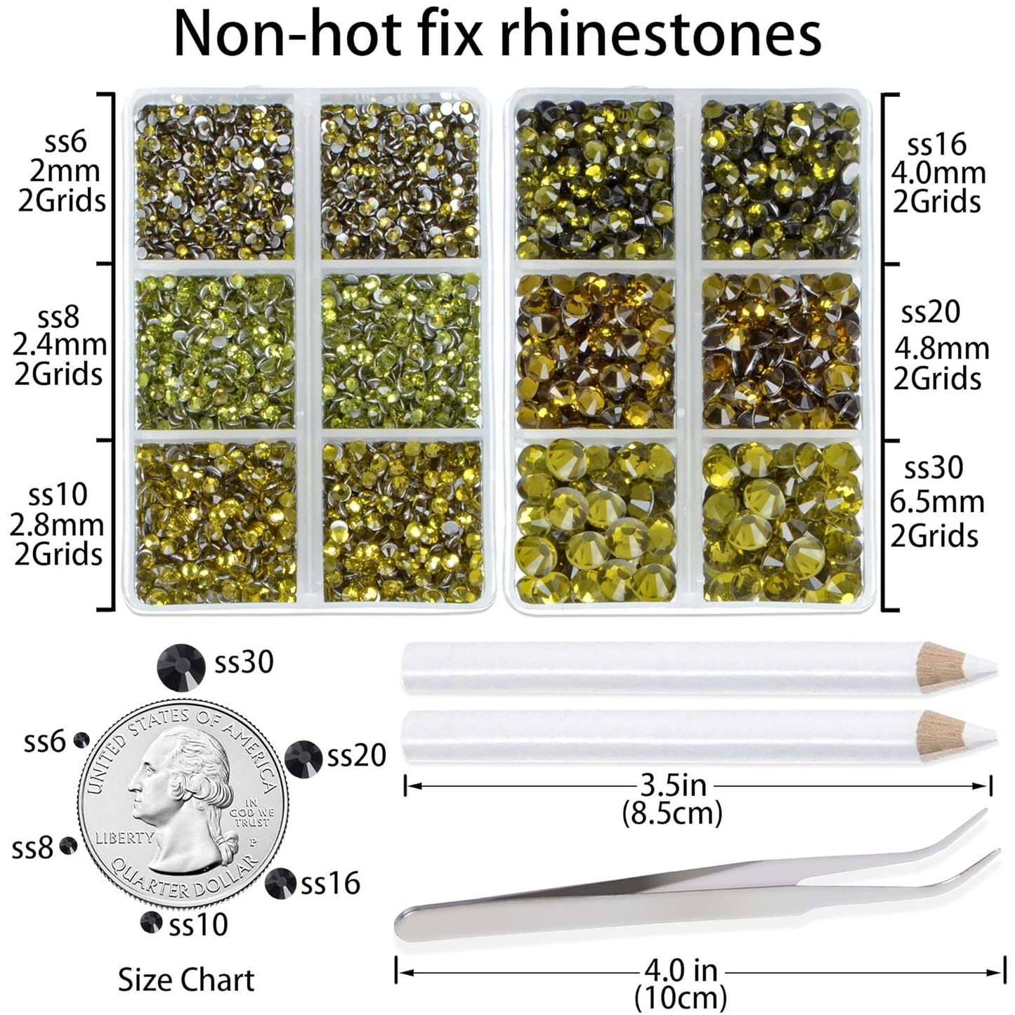 LPBeads 6000 Pieces Olivine Non Hotfix Rhinestones 6 Sizes Round Crystal Glass Flat Back Rhinestones with Tweezers and Picking Pen for Nail Art Crafts Clothes Bags DIY