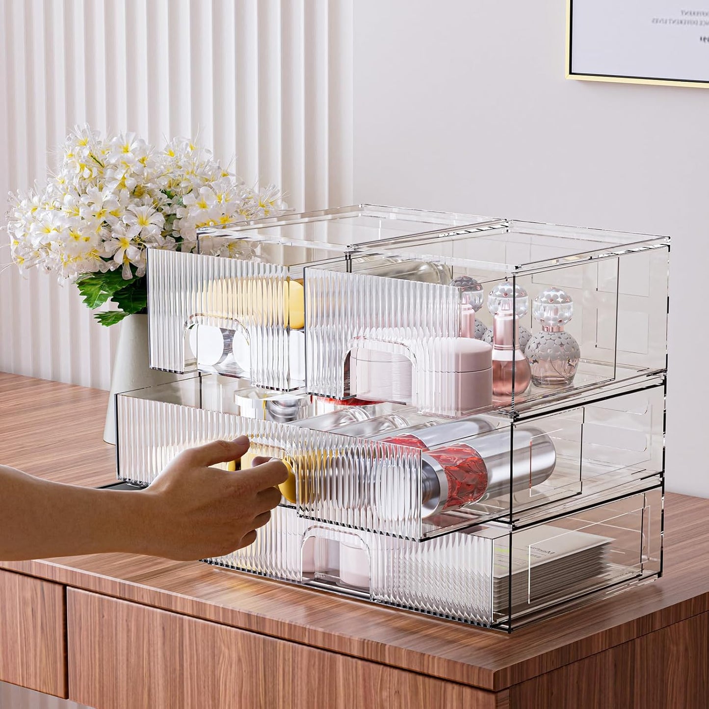 ZHIAI Stackable Storage Box, Acrylic Organizer, Cosmetic Organizer for Cosmetics and Beauty Products for Dressers, Bathrooms, Cabinets, Bedrooms and Home Organization 4 Piece Set