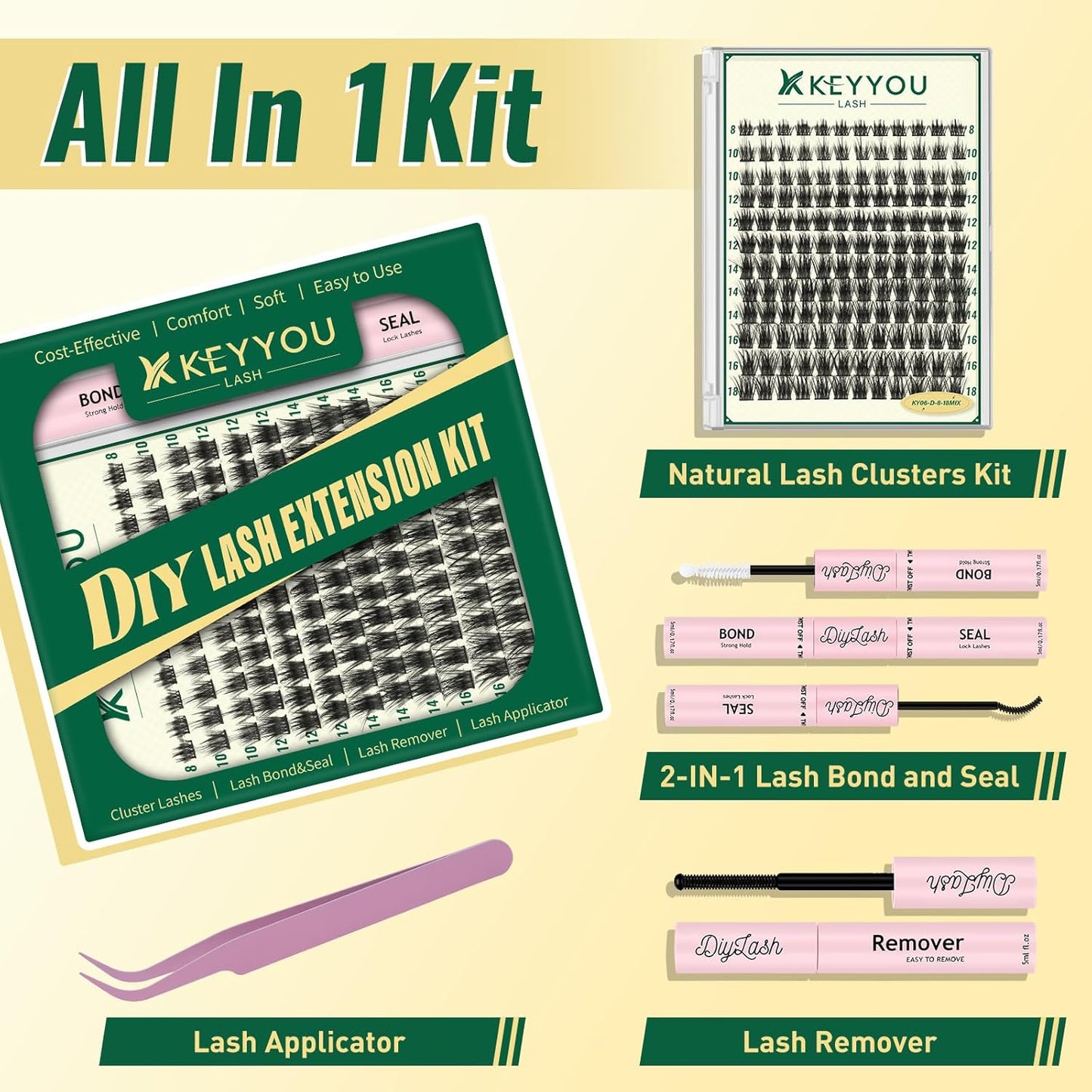 KEYYOULASH DIY Lash Extension Kit 144pcs 8-18MIX Lash Clusters Eyelash Extension Kit with Lash Bond and Seal,Remover,Applicators for DIY Lash Extensions at Home (KY06 Kit)