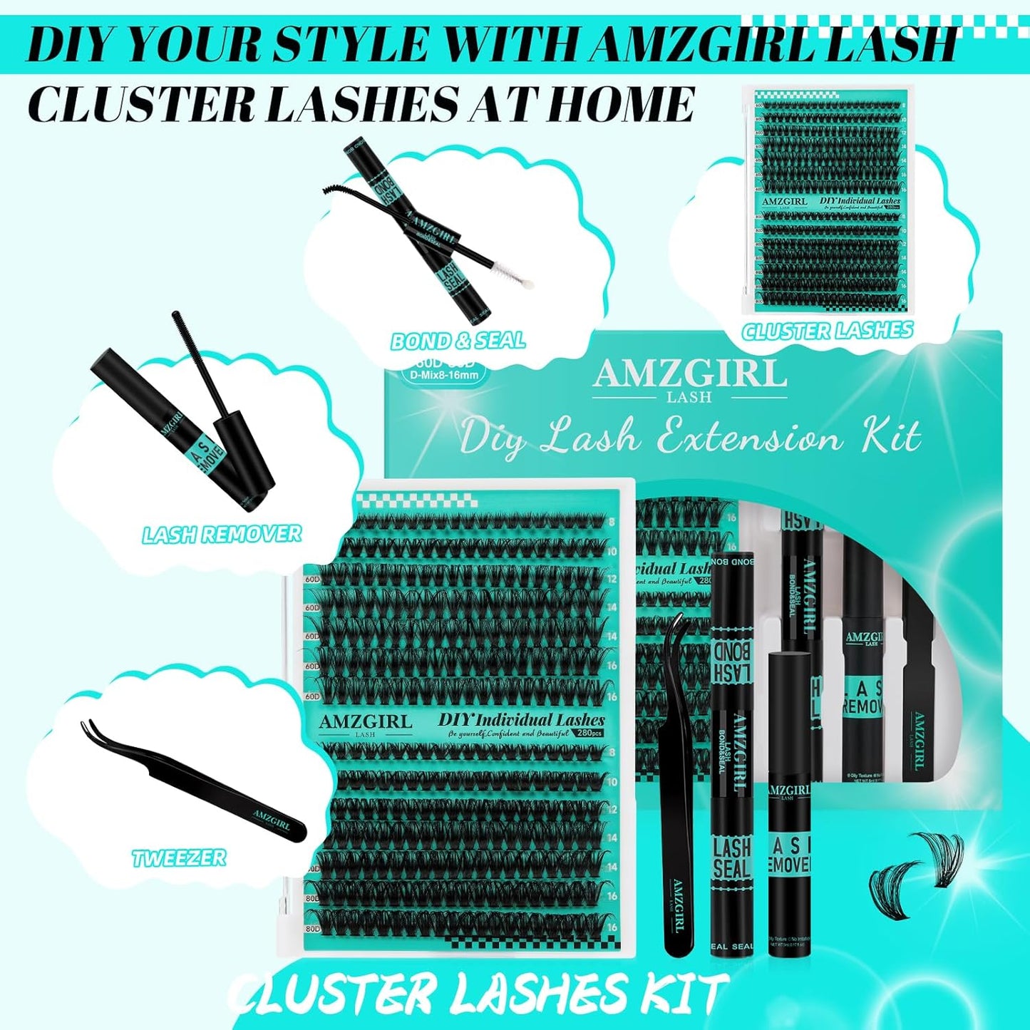 Lash Clusters Kit 280Pcs,60D 80D Eyelash Extension Kit,Lash Bond and Seal Waterproof,Lash Remover for Individual Cluster Lashes Kit,Lash Applicator Tool for DIY Lash Extension Kit(D-Mix9-16mm Kit)