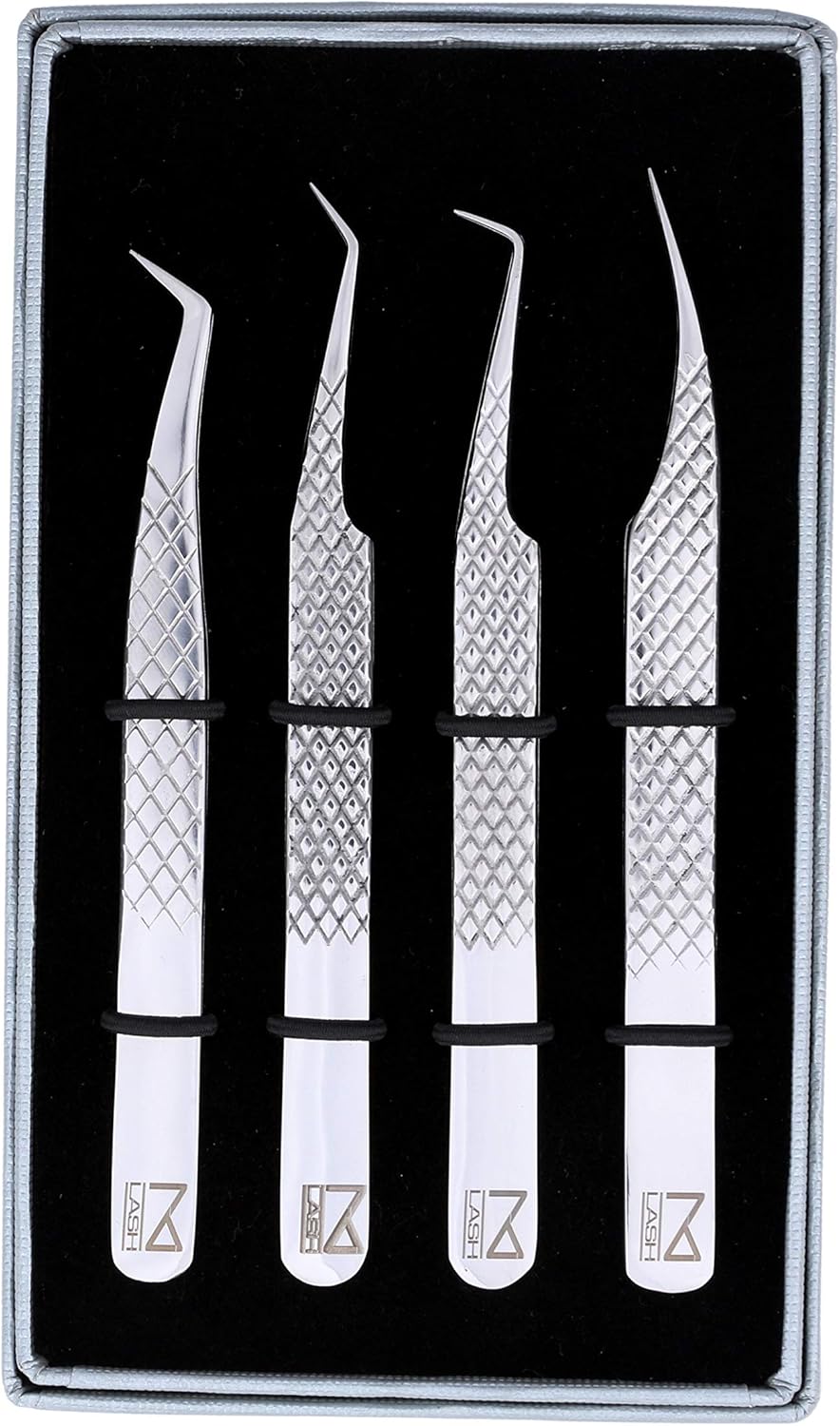 M LASH Eyelash Extension Tweezers (Set of 4) - Professional & Precision Lash Tweezers for Eyelash Extensions - Japanese Steel, Diamond Grip, Fiber Tip V3 (Silver)