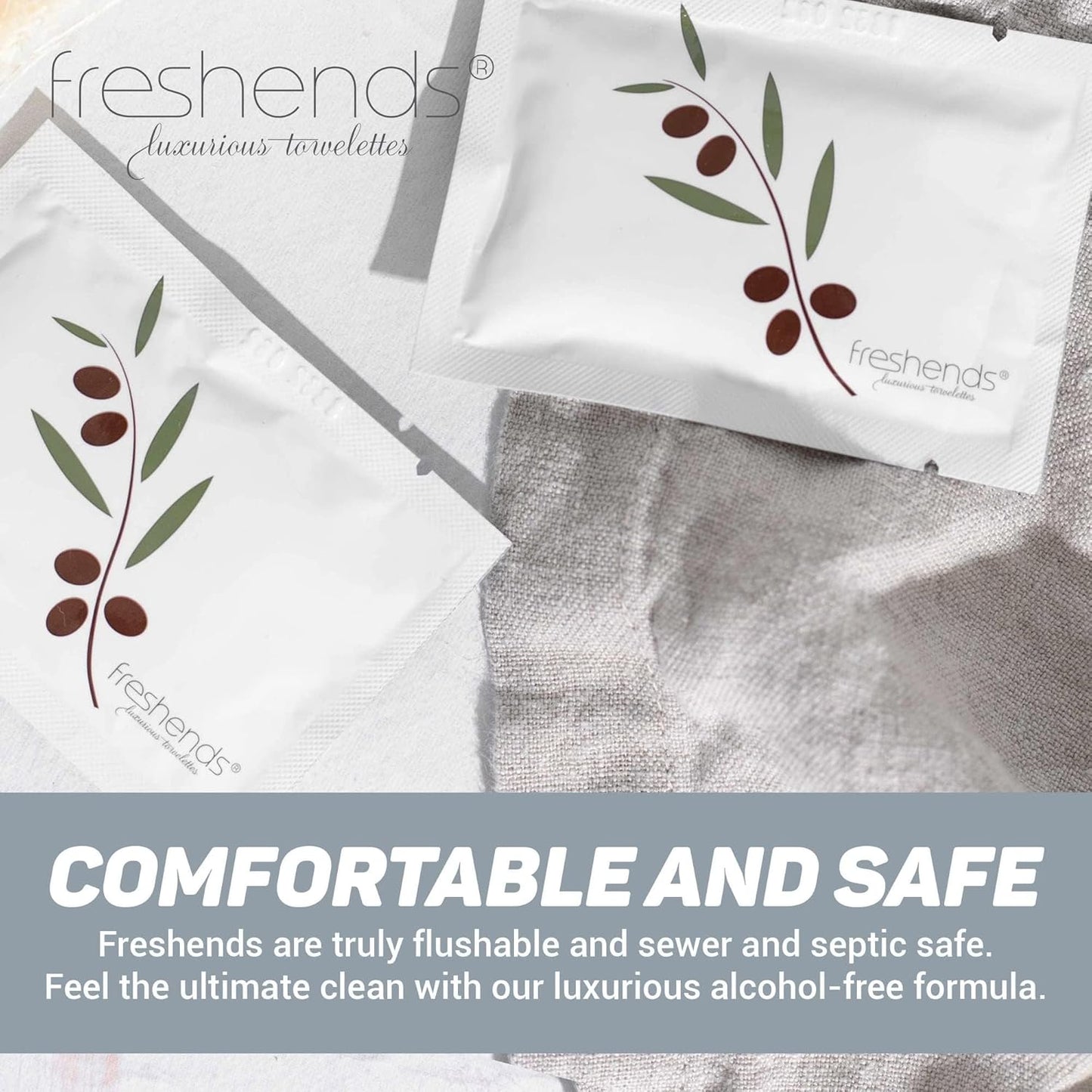 Freshends Flushable Individually Wrapped Wipes – 50 Bulk Pack Luxurious Towelettes, Guest Bathroom Essentials for Weddings, Restaurants, Bars & Clubs – Olive, Travel-Size, Disposable