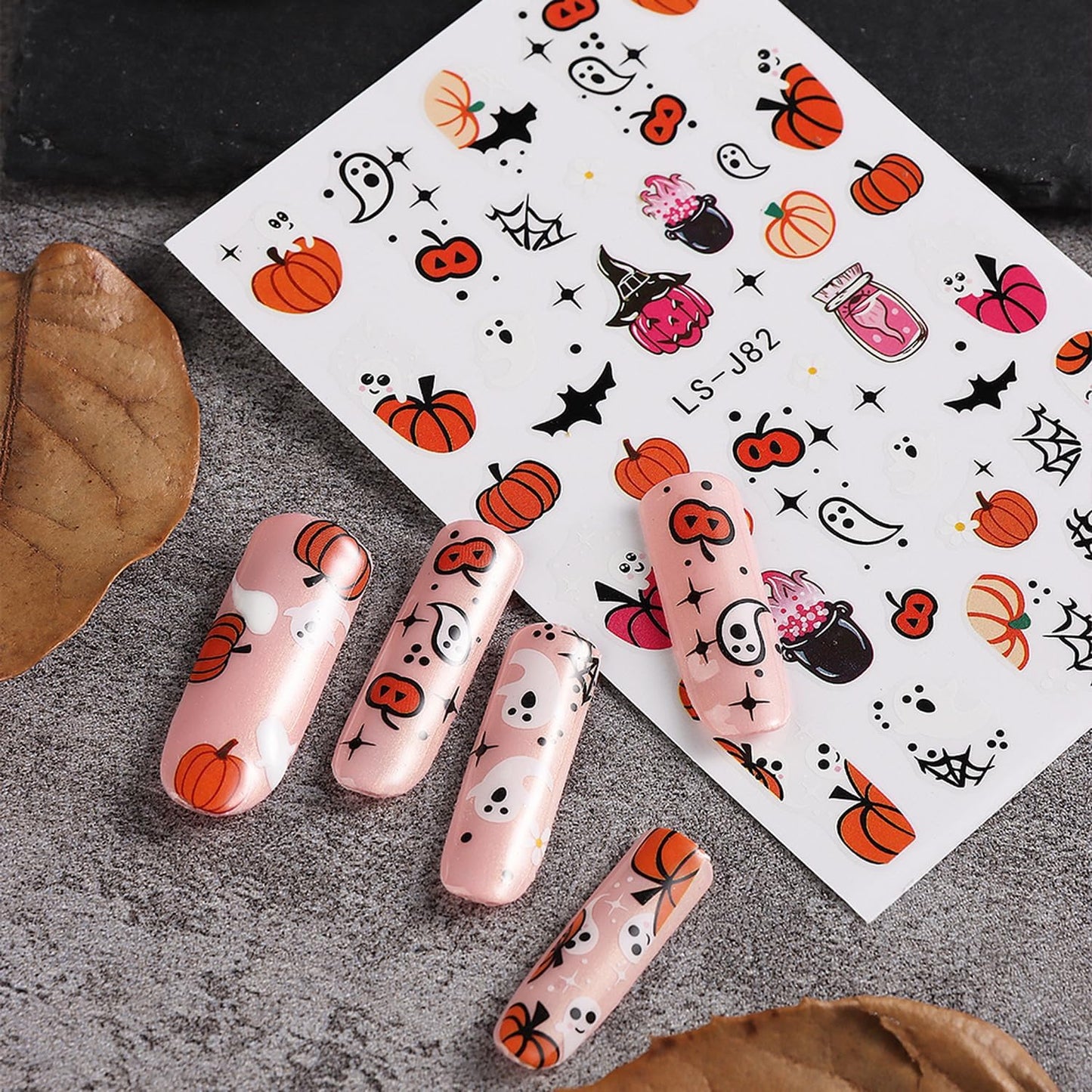 Halloween Nail Art Stickers Decals 6 Sheets Fall Scary Ghost Skull Fire Nail Decoration 3D Self-Adhesive Cute Pumpkin The Day of Dead Spider Web Acrylic Nail Supplies for Women Girls
