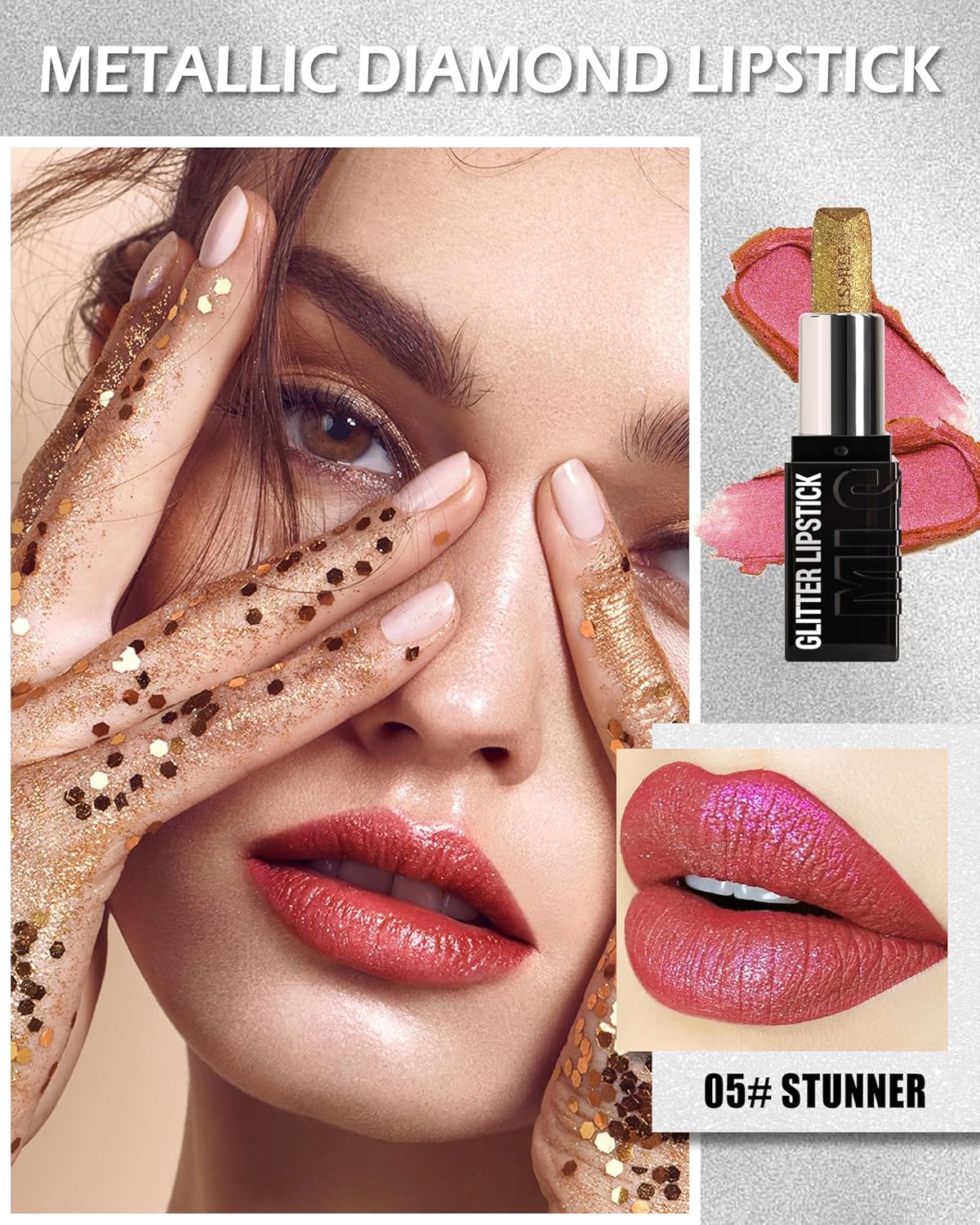 Diamond Glitter Matte Lipstick, Long Lasting Waterproof Gold Pink Metallic Sparkling High Pigment Non-Stick Lip Tint Lip Gloss,Full-coverage Lipgloss, Mother's Day Lip Makeup Gift for Women Girl-05