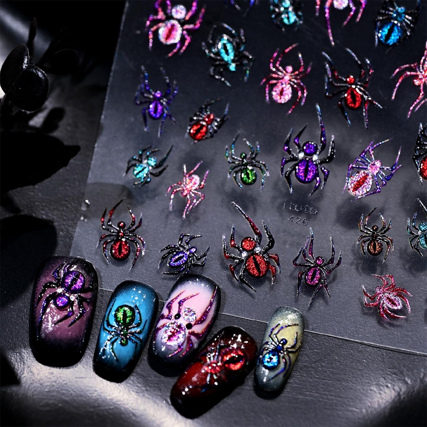1 Sheets Embossed Halloween Nail Stickers for Nail Art 5D Self-Adhesive Spider Nail Art Stickers Colorful Spider Nail Decals Halloween Nail Design Sticker for Women DIY Manicure