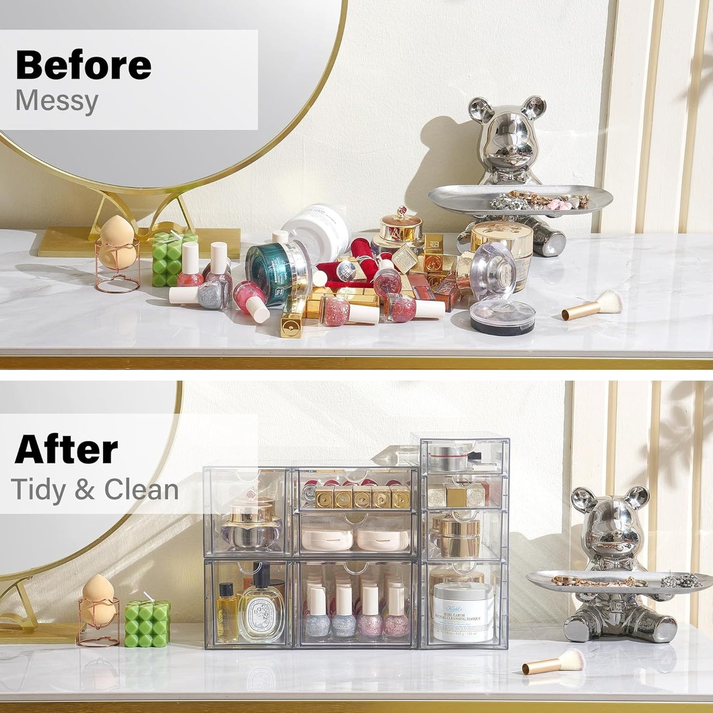 Prsildan Acrylic Drawer Makeup Organizer with 9 Drawers, Set of 3 Office Desk Organizers Accessories, Clear Stackable Storage Drawers for Vanity, Countertop, Craft, Jewelry, Art Supply Organization