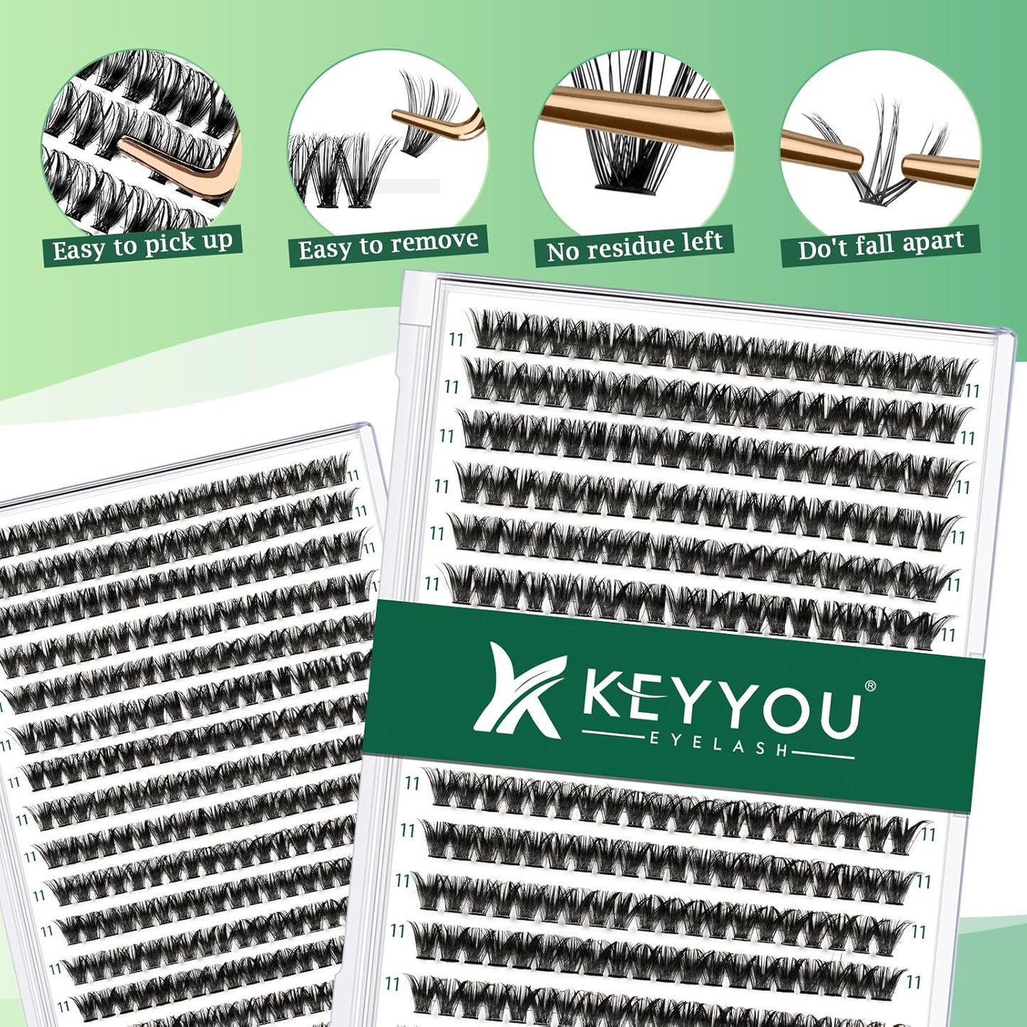KEYYOU Lash Clusters 300pcs Individual False Eyelashes 50D-0.07D Curl 11mm DIY Eyelash Extension Soft&Natural Cluster Lashes (Black, Flexible and Lightweight)