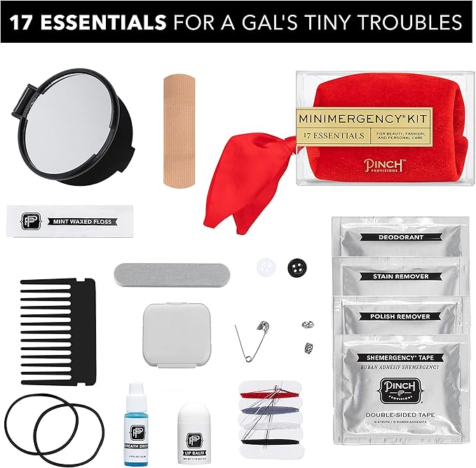 Pinch Provisions Velvet Minimergency Kit, for Her, Includes 17 Must-Have Emergency Essential Items, Compact, Multi-Functional Pouch, Gift for Parties and Birthdays