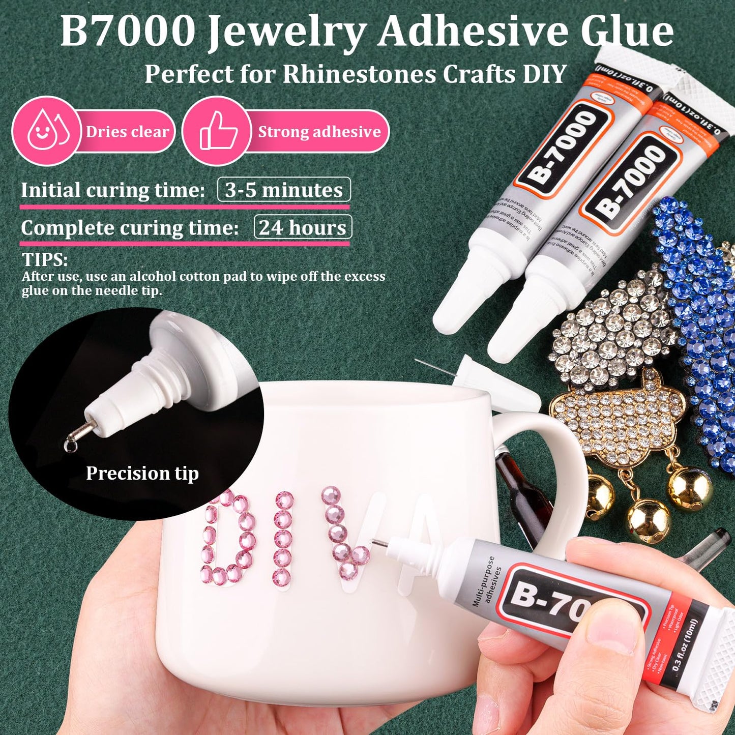 Resin Rhinestones for Crafting with B7000 Jewelry Glue, 1 Box Dark Pink Flatback Crystals with 3Pcs 10ml Glue for Bedazzling Crafts DIY Nail Art Makeup，Non Hotfix Gems for Clothing Shoes