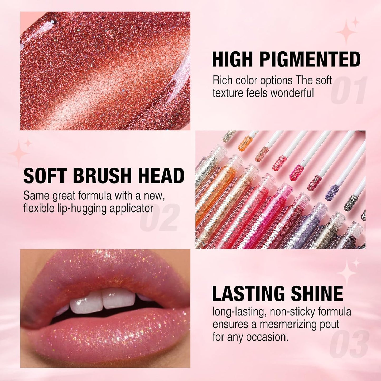 LANGMANNI 4 Colors Diamond Glitter Lip Gloss Set,Long Lasting High Shine Shimmer Liquid Lipstick Set,Hydrating,Moisturizing Lip Gloss Kit Gift Makeup For Girls(#04+06+09+10)