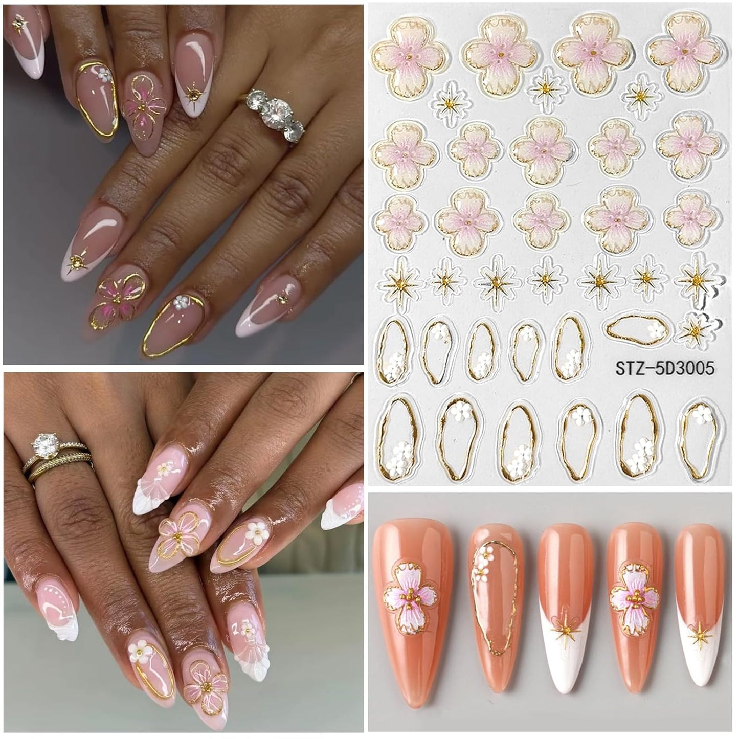 Flower Nail Art Stickers 5D Embossed Nail Decals Spring Summer Colorful Flower Nails Design Self-Adhesive 3D Accessories for Women Nails DIY Decoration(6 Sheets)