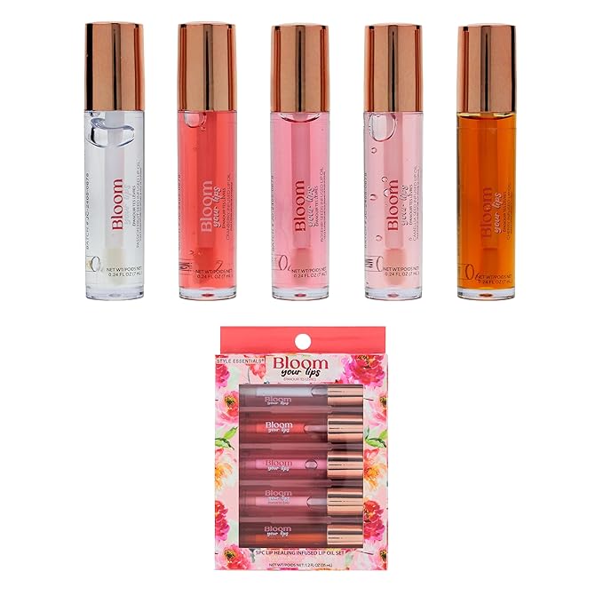 Expressions 5pc Lip Oil Set - Bloom Your Lips Style Essentials Lip Oils, Lip Healing Lip Oil Collection with Precision Applicator Wand | Moisturizing for Everyday Lip Care and Lip Repair (FLORAL)