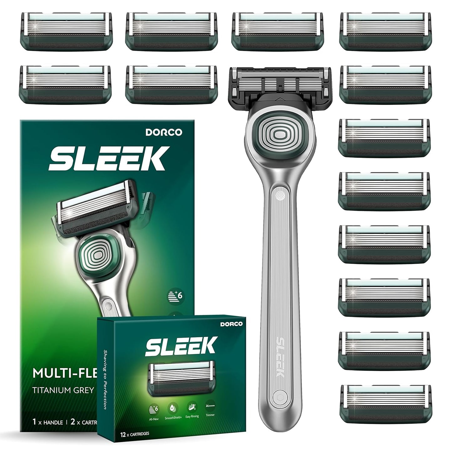 DORCO SLEEK Six Blade Razor System Bundle with Multi-Flex Technology, Ergonomic Handle With Precision Shaving Razor Replacements, 14 Cartridges