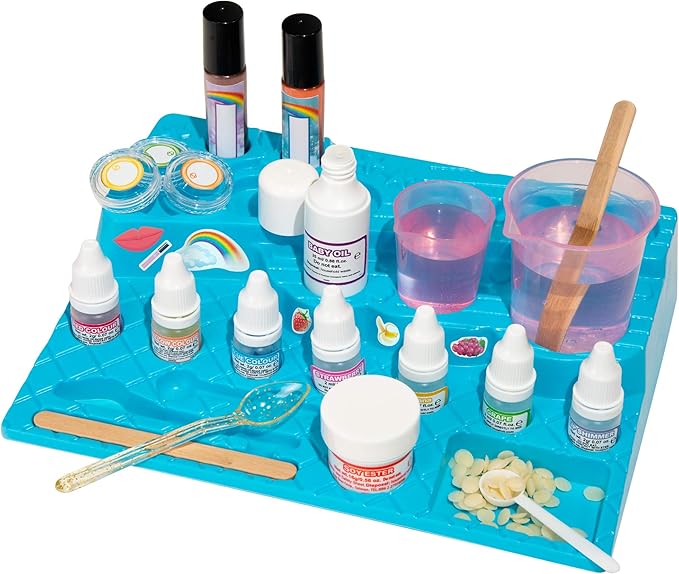Thames & Kosmos Yummy Rainbow Lip Balm Lab STEM Kit | Make Lip Balms, Glosses | Strawberry, Grape, Banana Flavors & Cosmetic Jars | Chemistry & Biology of Skin Care | 2-Language (EN/FR)