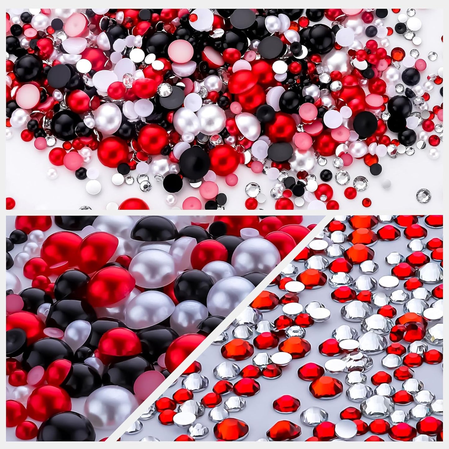 60g Red Black Pearls Rhinestones for Crafts Mixed Size 3mm-10mm AB Color Round Half Pearls Flatback Pearl Beads and Resin Rhinestones Set for Face Art with Gle