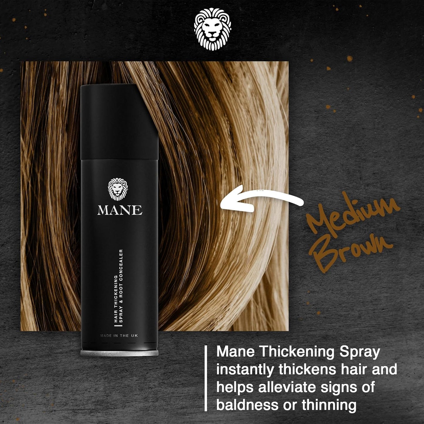 Mane Hair Thickening Spray & Root Touch Up, Instantly Thicker Hair for Men & Women, Fill in Hairlines and Hide Thinning and Fine Patches - Medium Brown, 12 Colors (6.76 oz)