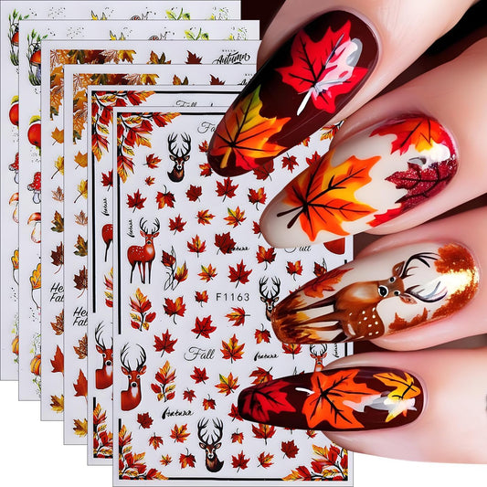 Fall Maple Leaves Nail Art Stickers for Thanksgiving, Maple Leaves Nail Decals 3D Self-Adhesive with Deer Pumpkin Flower Mushroom Design 6Pcs Nail Art Supplies for Women Nail Decoration