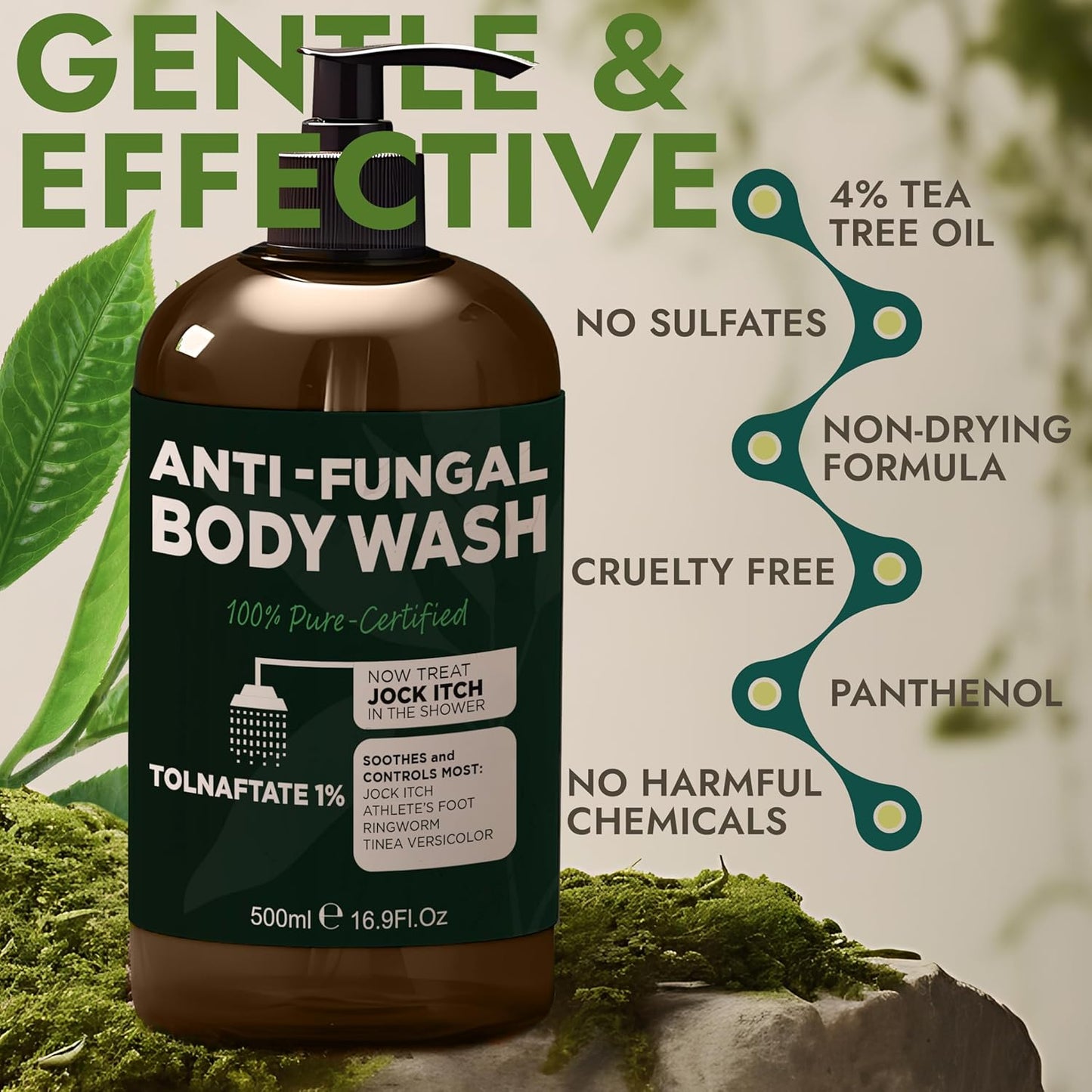 Antifungal Body Wash with Tea Tree Oil | Antibacterial Soap for Back Acne, Eczema & Jock Itch,Treats Ringworm | Antibacterial Body Soap For Men And Women (1% Tolnaftate Medicated Body Wash) 16.9 oz