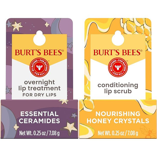 Burt’s Bees Conditioning Lip Scrub and Overnight Intensive Lip Treatment, With Ceramides, College Back to School Dorm Essentials, Exfoliates and Hydrates Lips 8 Hours, Natural Origin, 2 Jars, 0.25 oz